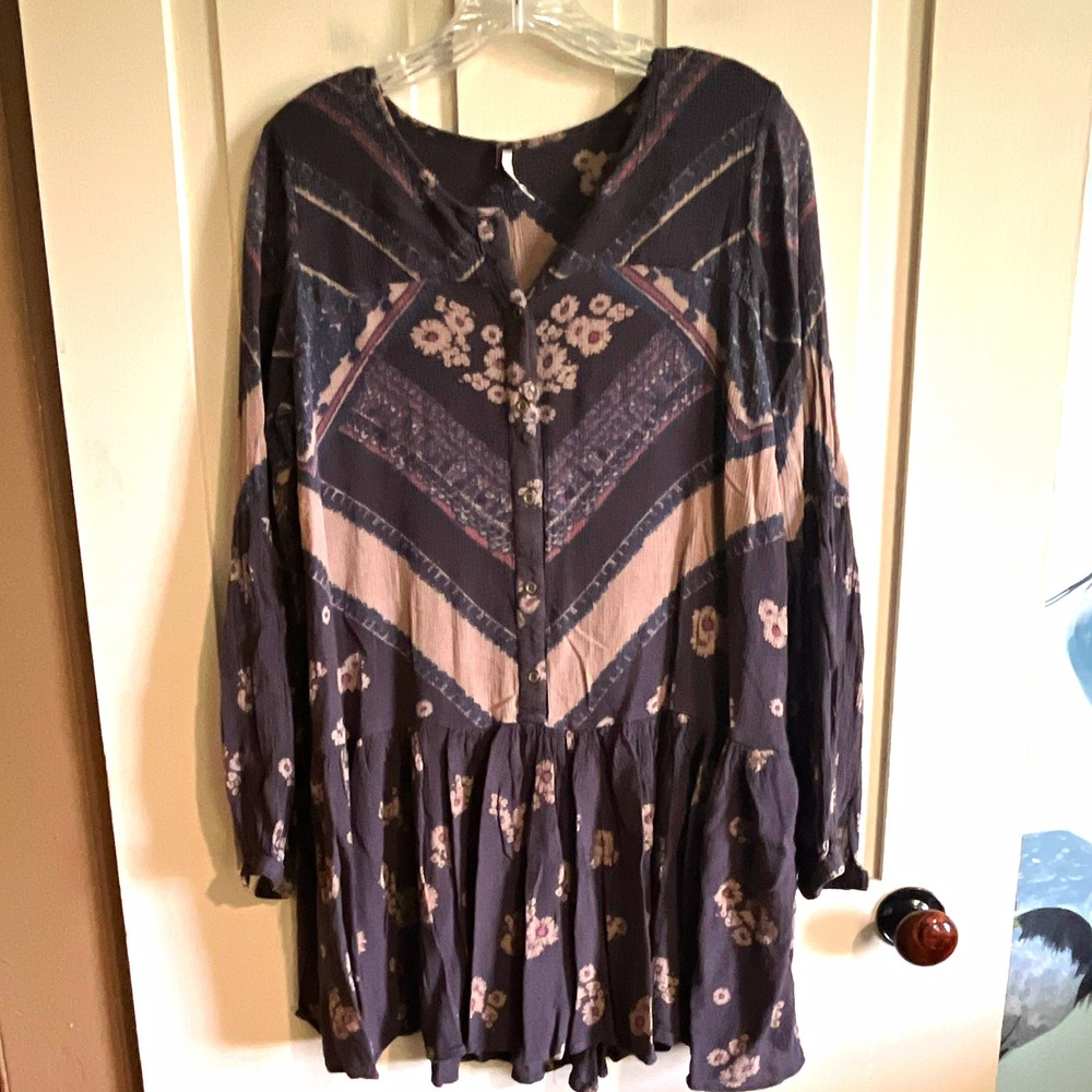 Free People Floral V-Neck Button Front Babydoll Dress XS Blue Beige Short